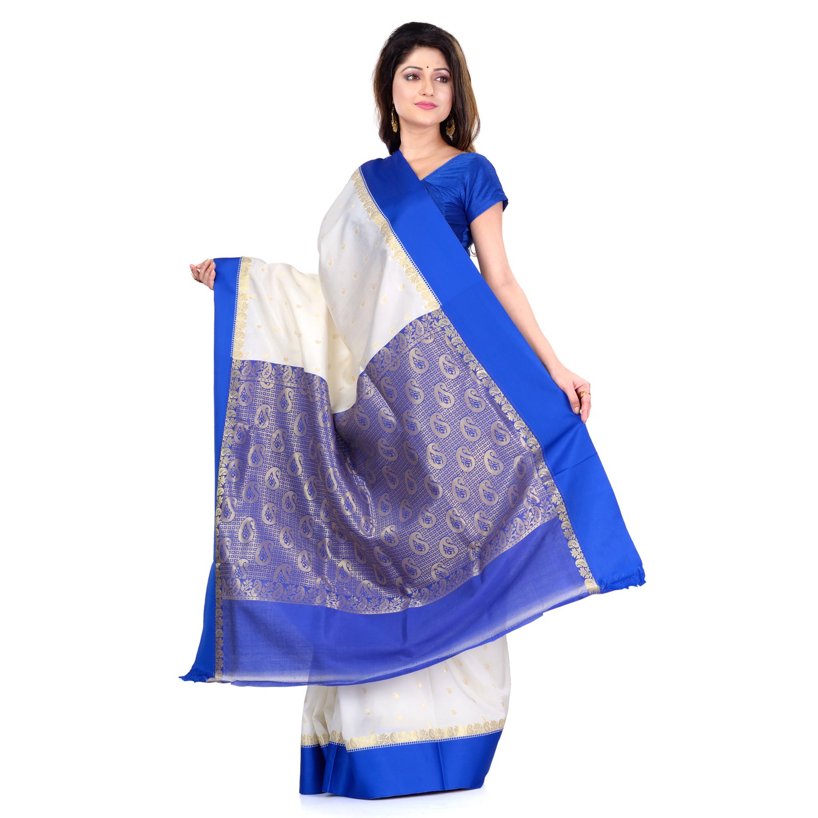 DESH BIDESH Women`s Bengal Premium Art Silk Saree Fine Smooth Original Art Silk Designed Saree With Blouse Pcs. Handmade Exclusive Flower with Kalka with Whole Body Design (White and Blue)